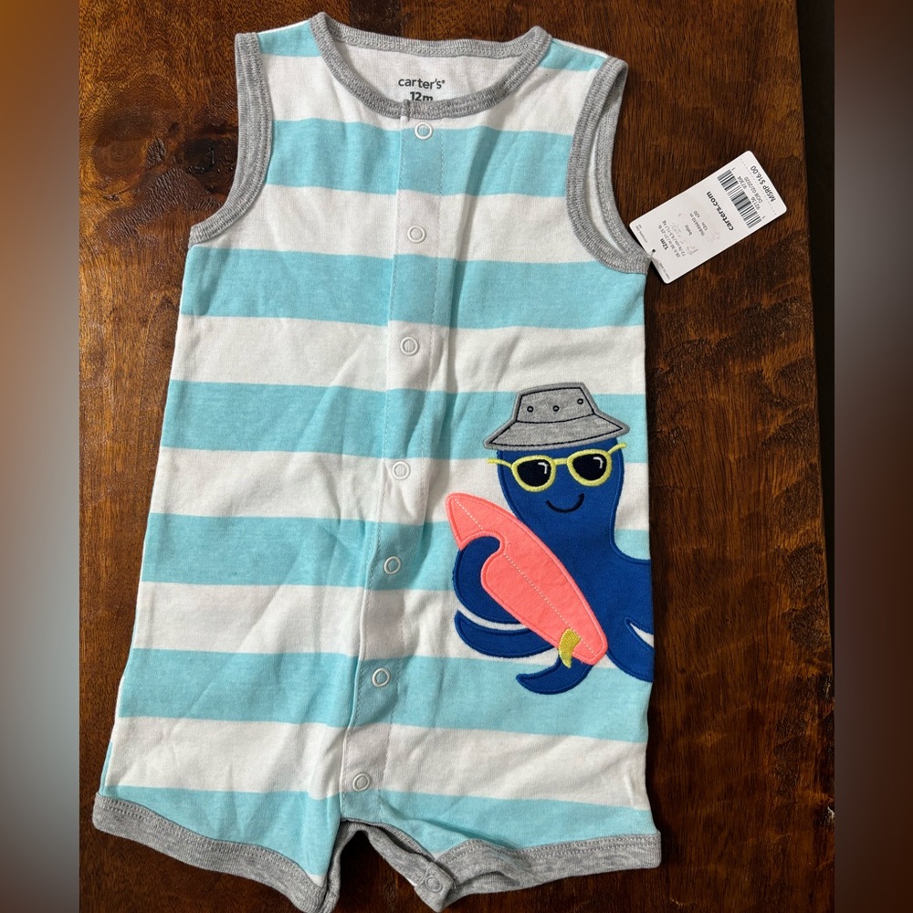 Carter's Blue and White Striped Romper with Octopus